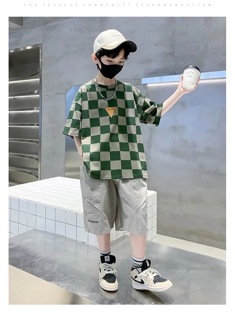 Kids Checkered Green Short Sleeve T-Shirt Summer Cotton — feature 2