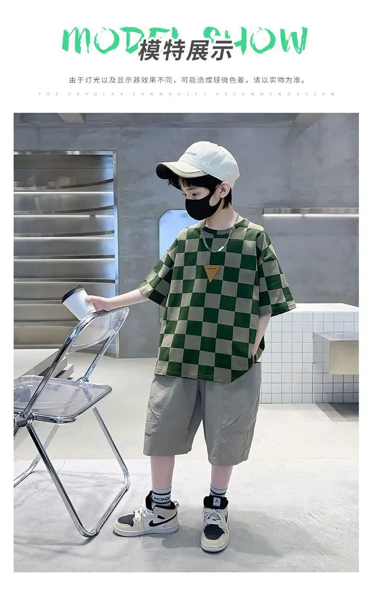 Kids Checkered Green Short Sleeve T-Shirt Summer Cotton — feature 3