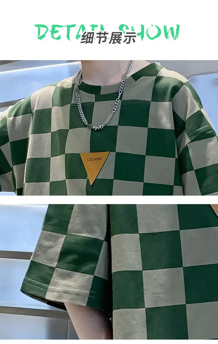 Kids Checkered Green Short Sleeve T-Shirt Summer Cotton — feature 4