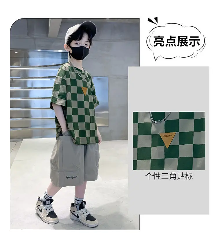 Kids Checkered Green Short Sleeve T-Shirt Summer Cotton — feature 5