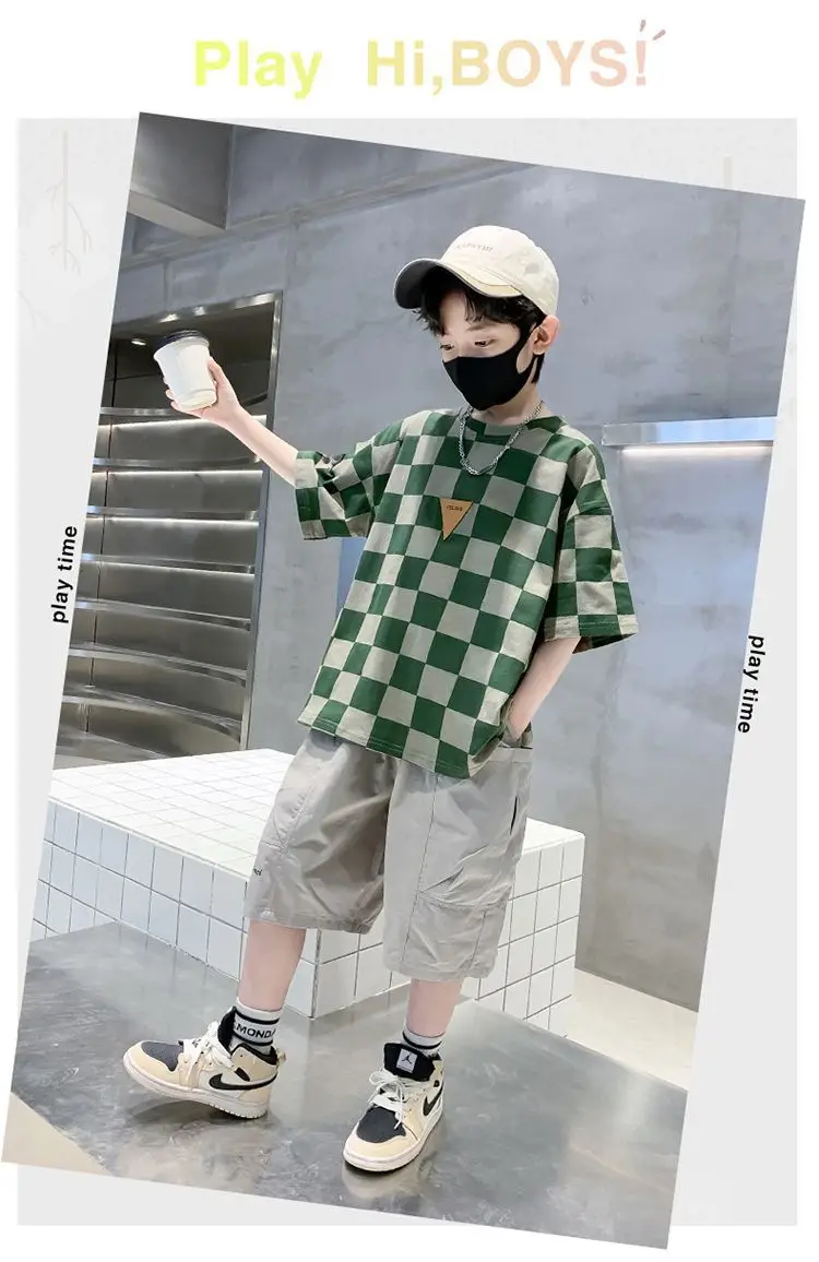 Kids Checkered Green Short Sleeve T-Shirt Summer Cotton — feature 8