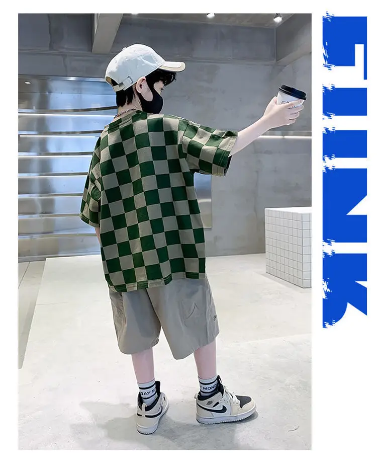 Kids Checkered Green Short Sleeve T-Shirt Summer Cotton — feature 9