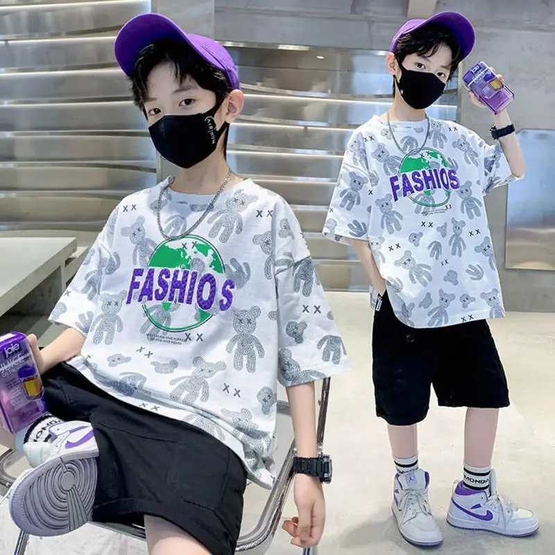 Boys Cotton Printed T-Shirt Shorts Set Summer Casual - Image 2