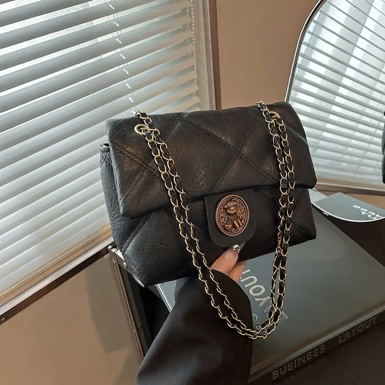 Brown Rhombic Chain Shoulder Bag for Women