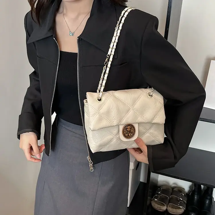 Brown Rhombic Chain Shoulder Bag for Women