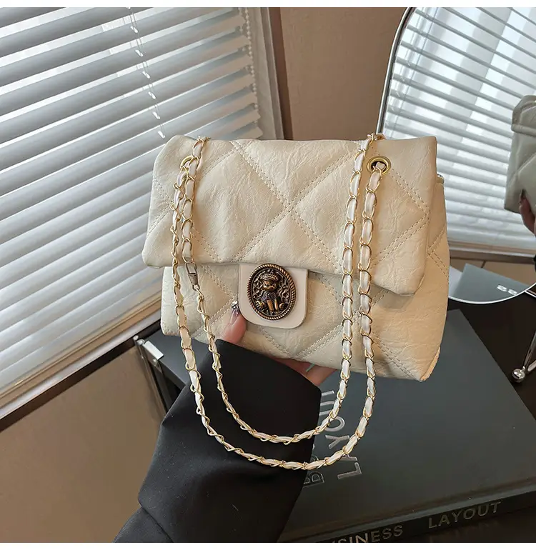 Brown Rhombic Chain Shoulder Bag for Women
