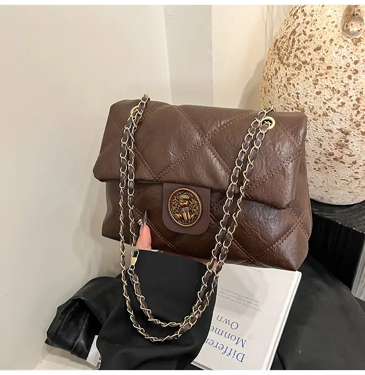 Brown Rhombic Chain Shoulder Bag for Women