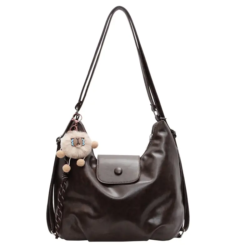 Women's Brown Leather Tote Bag with Pom Pom Charm - Image 8
