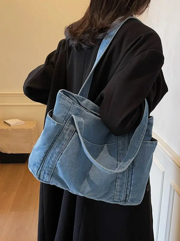Women Blue Denim Tote Bag Large Capacity Artistic Design - Image 4