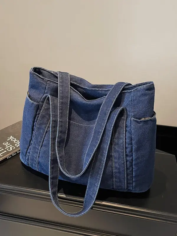 Women Blue Denim Tote Bag Large Capacity Artistic Design - Image 5