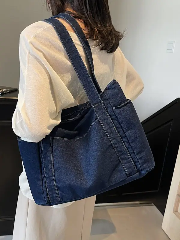 Women Blue Denim Tote Bag Large Capacity Artistic Design - Image 6