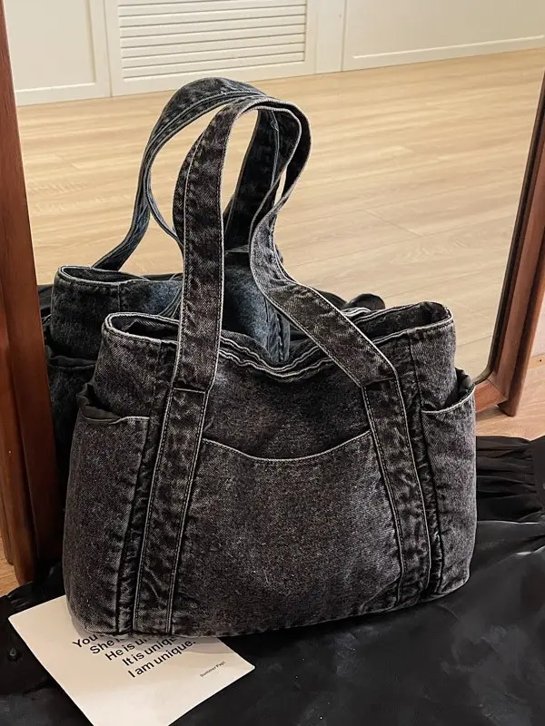 Women Blue Denim Tote Bag Large Capacity Artistic Design - Image 7