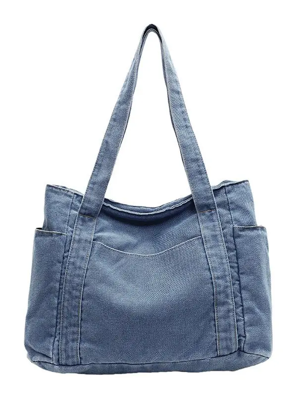 Women Blue Denim Tote Bag Large Capacity Artistic Design - Image 8