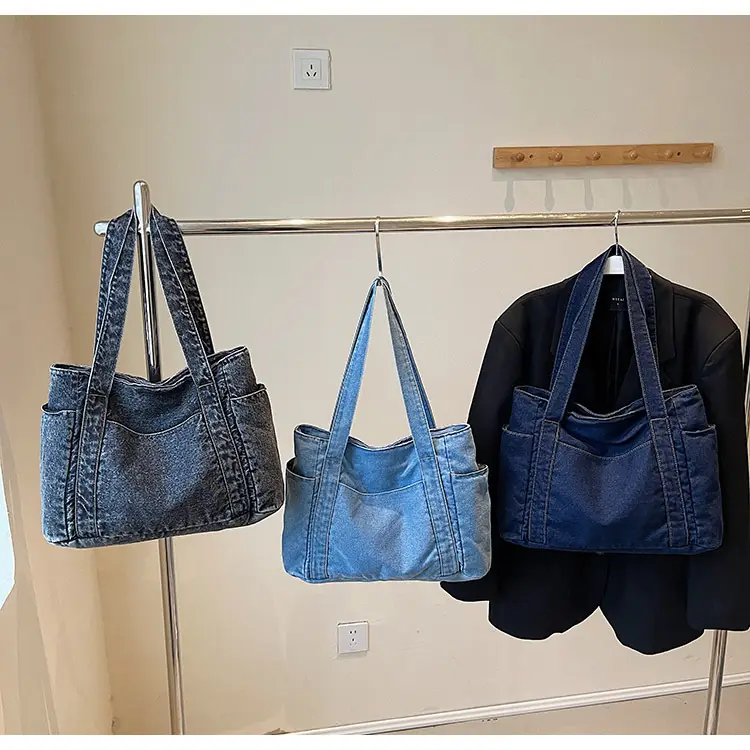 Women Blue Denim Tote Bag Large Capacity Artistic Design — feature 1