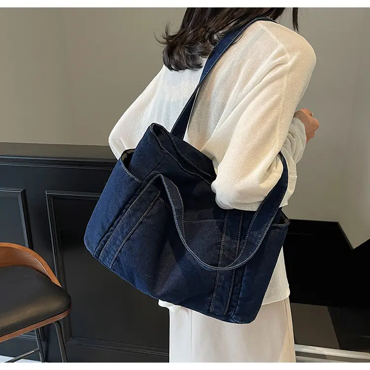 Women Blue Denim Tote Bag Large Capacity Artistic Design — feature 10
