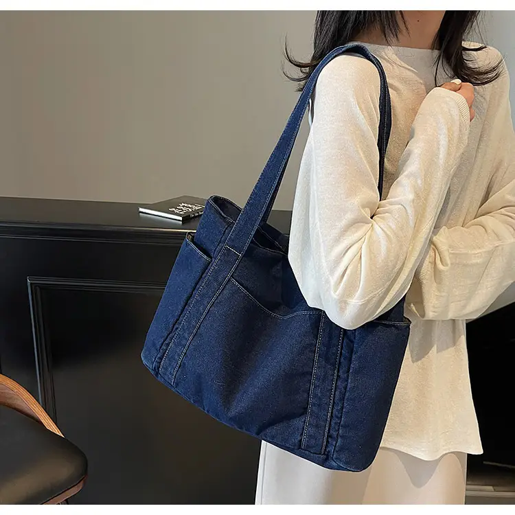 Women Blue Denim Tote Bag Large Capacity Artistic Design — feature 11