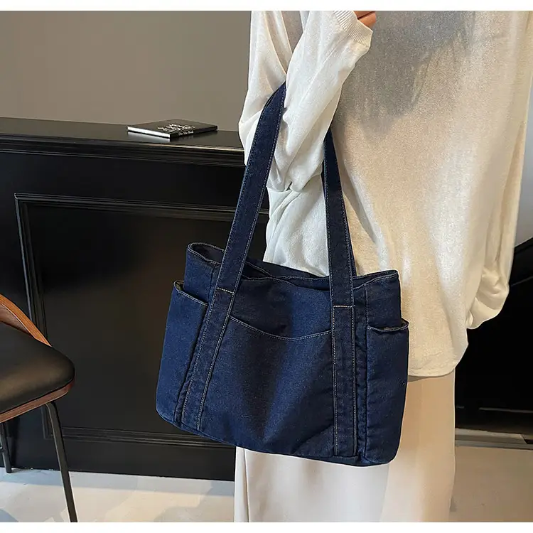 Women Blue Denim Tote Bag Large Capacity Artistic Design — feature 12
