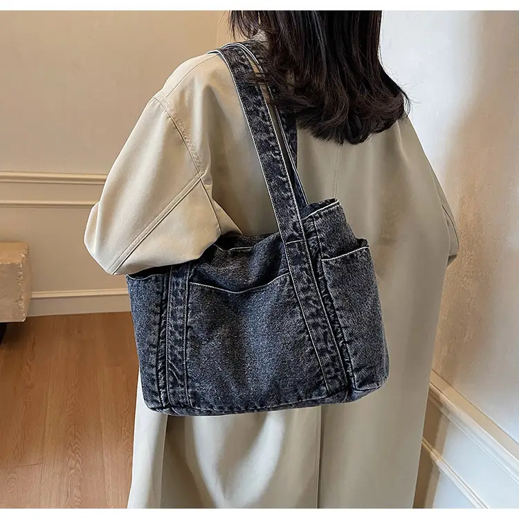 Women Blue Denim Tote Bag Large Capacity Artistic Design — feature 13