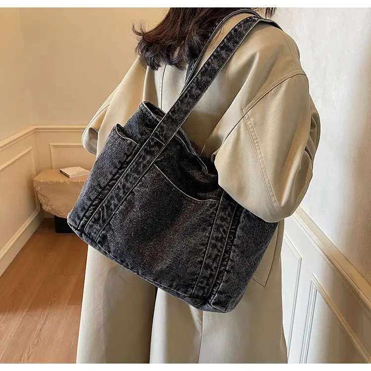 Women Blue Denim Tote Bag Large Capacity Artistic Design — feature 15