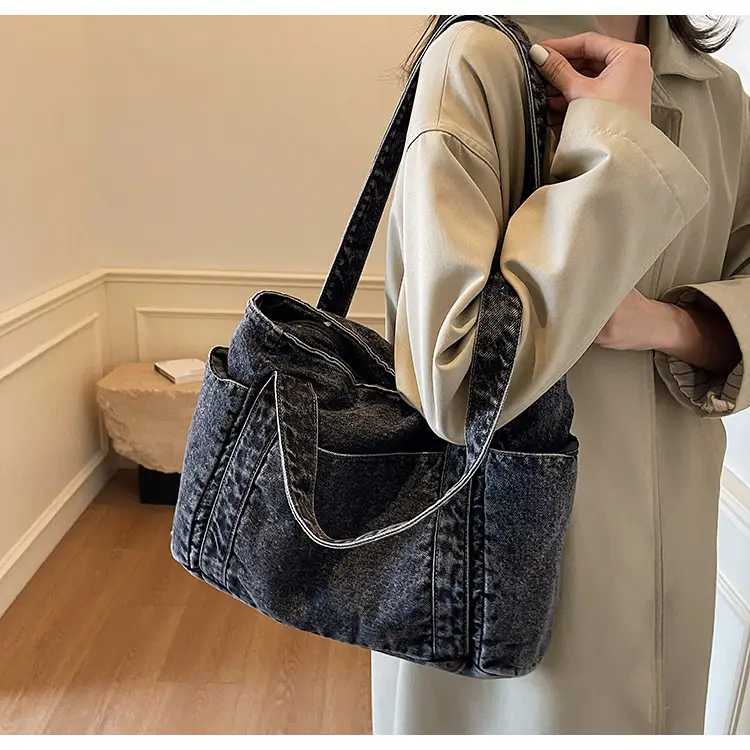 Women Blue Denim Tote Bag Large Capacity Artistic Design — feature 16