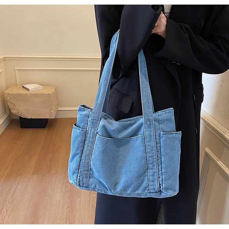 Women Blue Denim Tote Bag Large Capacity Artistic Design — feature 18
