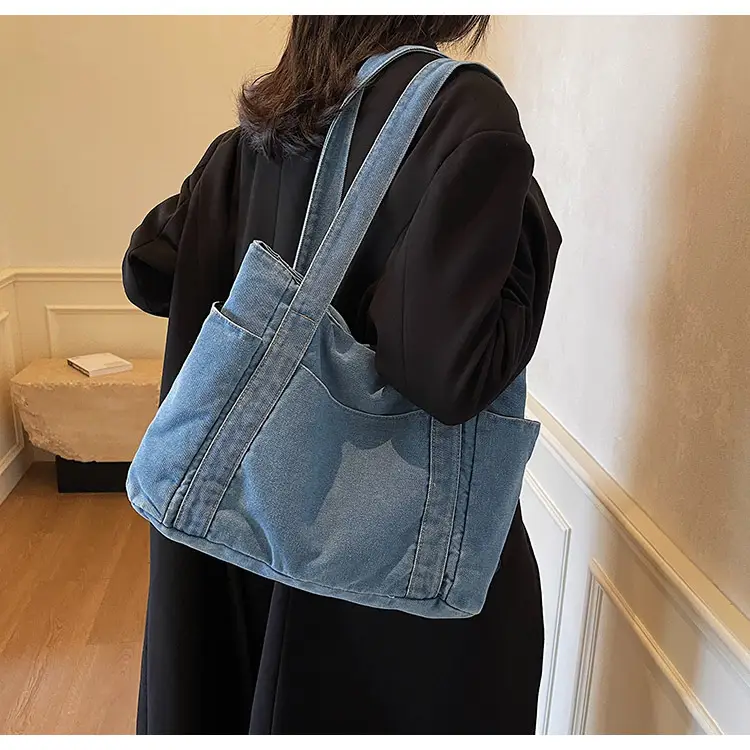 Women Blue Denim Tote Bag Large Capacity Artistic Design — feature 20