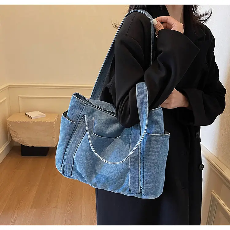 Women Blue Denim Tote Bag Large Capacity Artistic Design — feature 21