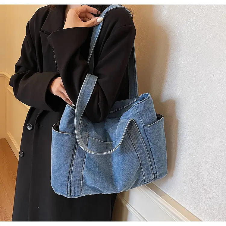 Women Blue Denim Tote Bag Large Capacity Artistic Design — feature 22