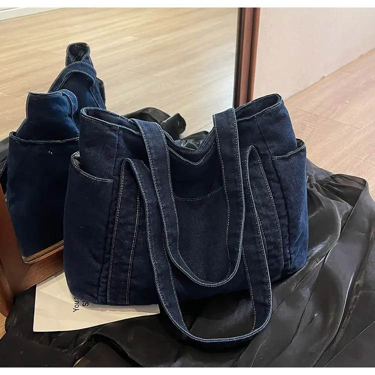 Women Blue Denim Tote Bag Large Capacity Artistic Design — feature 24