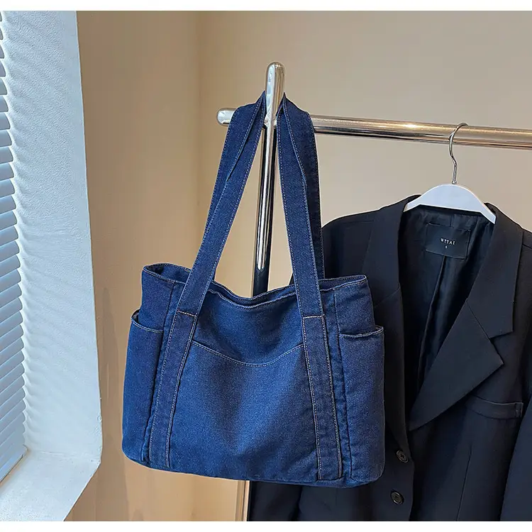 Women Blue Denim Tote Bag Large Capacity Artistic Design — feature 25