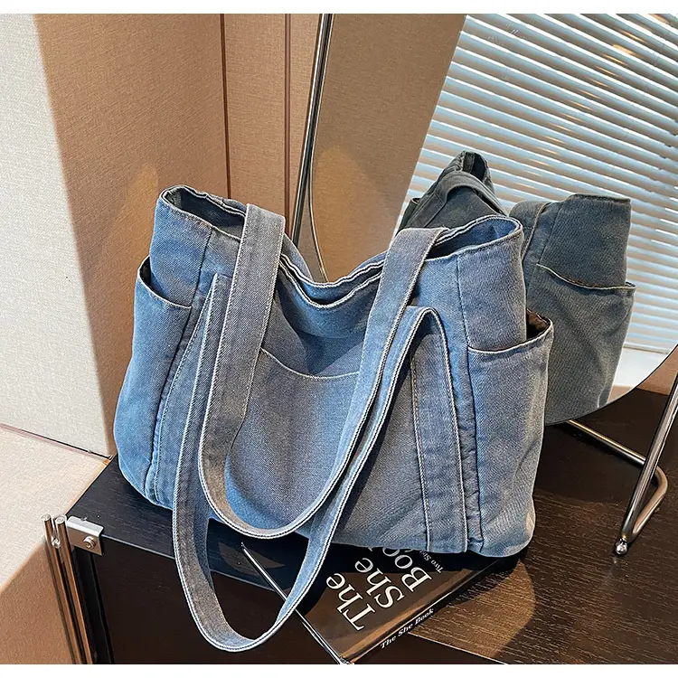 Women Blue Denim Tote Bag Large Capacity Artistic Design — feature 26