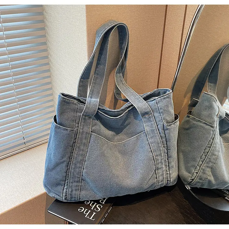 Women Blue Denim Tote Bag Large Capacity Artistic Design — feature 27