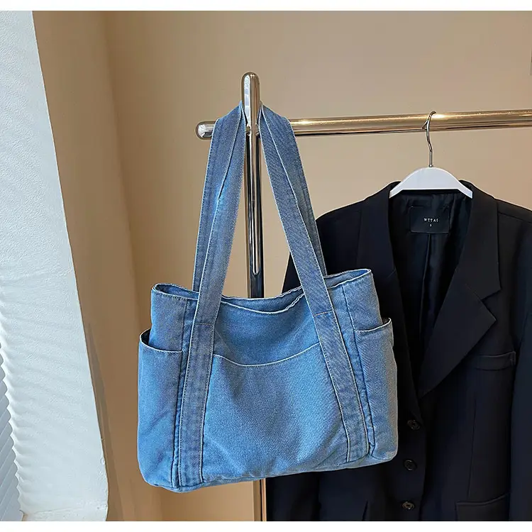 Women Blue Denim Tote Bag Large Capacity Artistic Design — feature 28