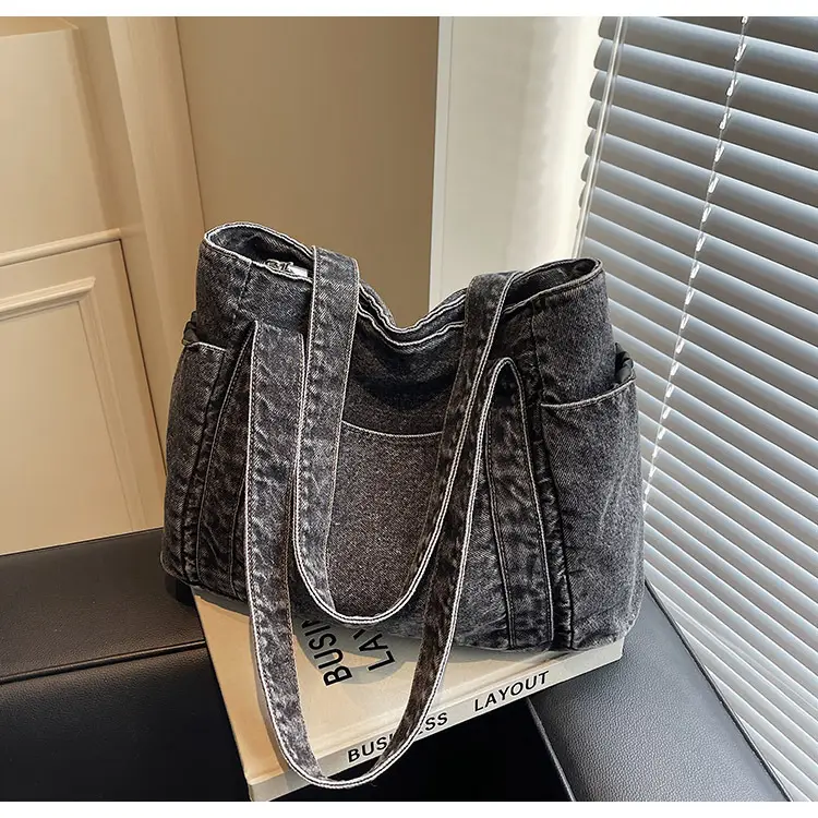 Women Blue Denim Tote Bag Large Capacity Artistic Design — feature 29