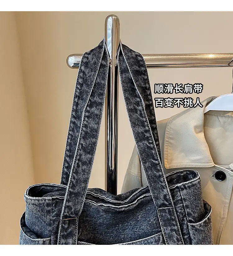 Women Blue Denim Tote Bag Large Capacity Artistic Design — feature 3