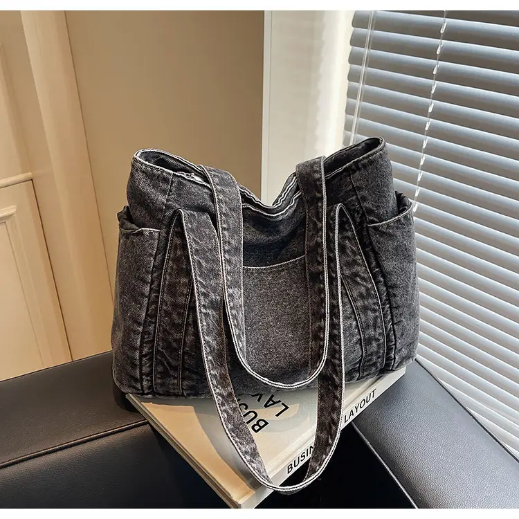 Women Blue Denim Tote Bag Large Capacity Artistic Design — feature 30