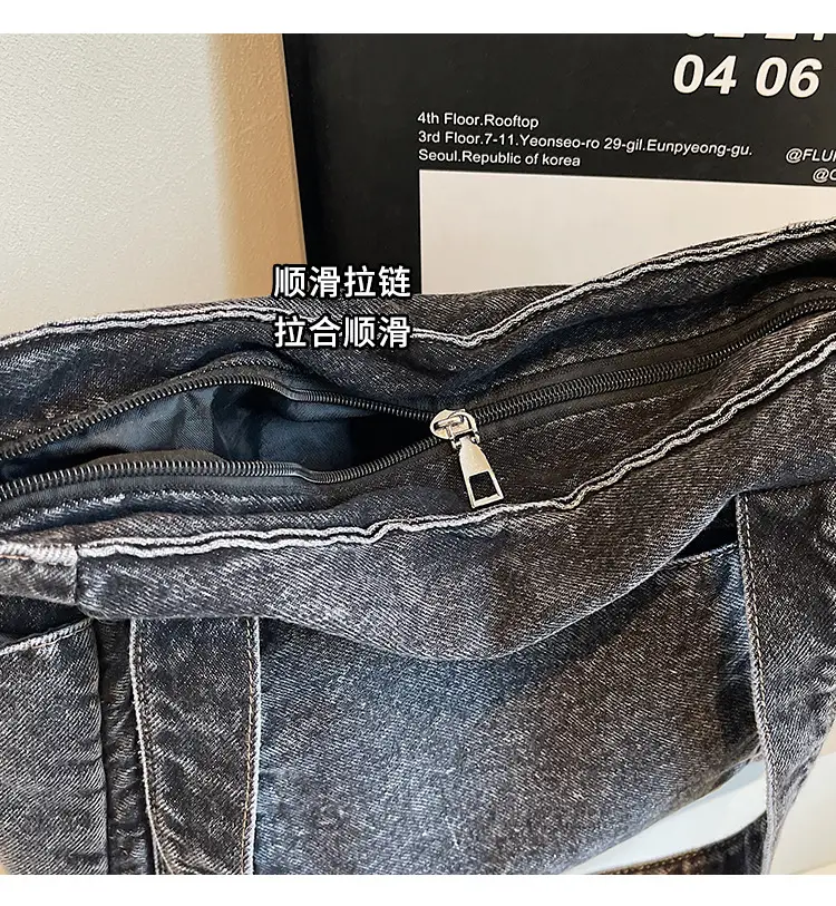 Women Blue Denim Tote Bag Large Capacity Artistic Design — feature 5