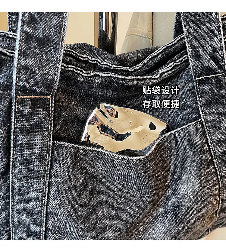 Women Blue Denim Tote Bag Large Capacity Artistic Design — feature 6