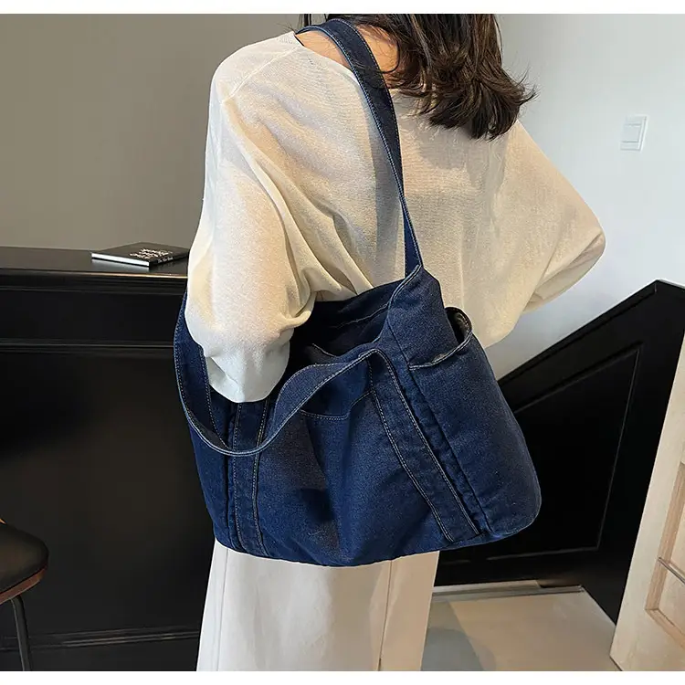 Women Blue Denim Tote Bag Large Capacity Artistic Design — feature 8