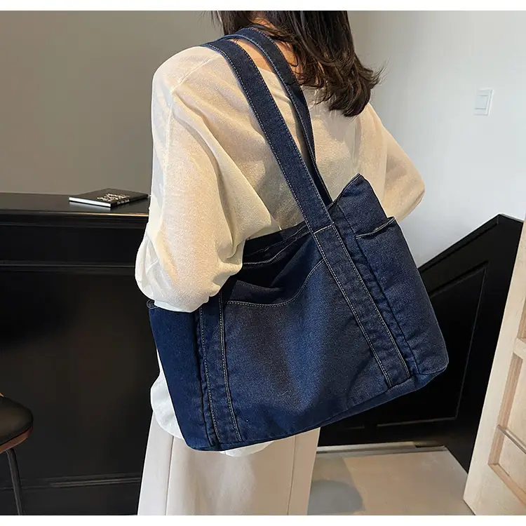 Women Blue Denim Tote Bag Large Capacity Artistic Design — feature 9