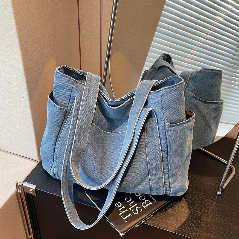 Women Blue Denim Tote Bag Large Capacity Artistic Design - Image 2