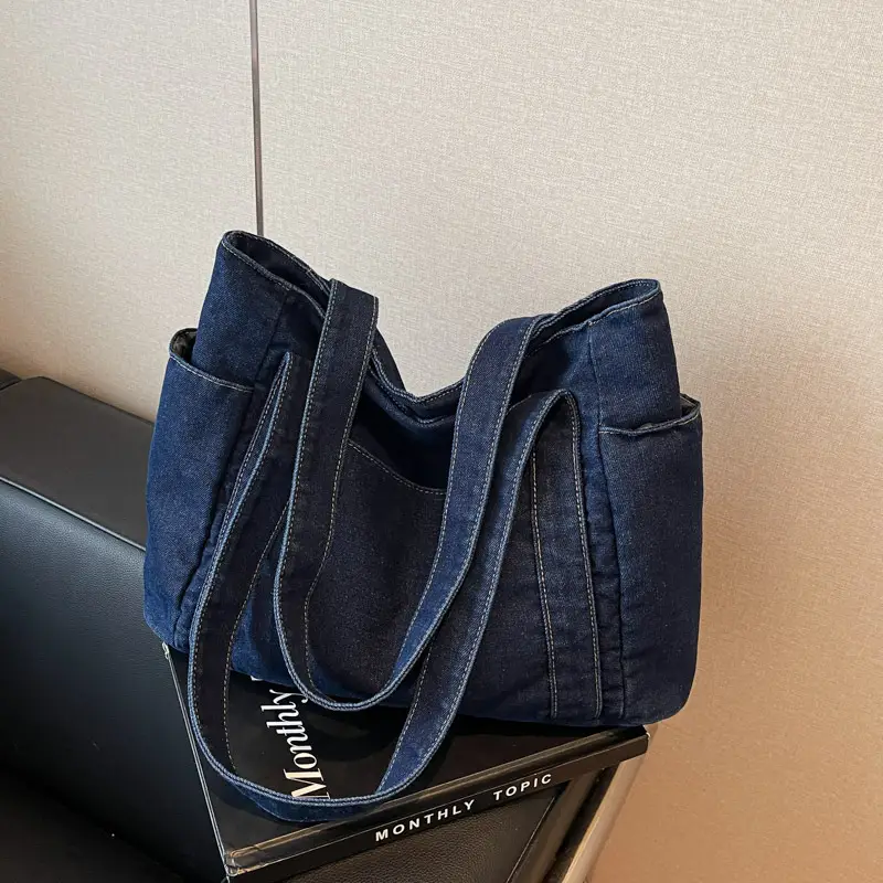 Women Blue Denim Tote Bag Large Capacity Artistic Design - Image 3