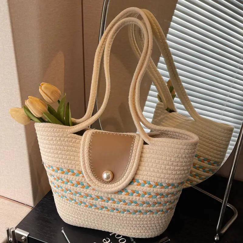 Women's Distinctive Braided Bucket Bag with Pearl Button - Image 4