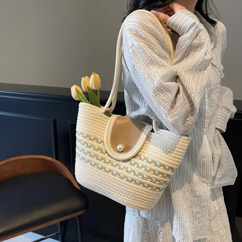 Women's Distinctive Braided Bucket Bag with Pearl Button - Image 6
