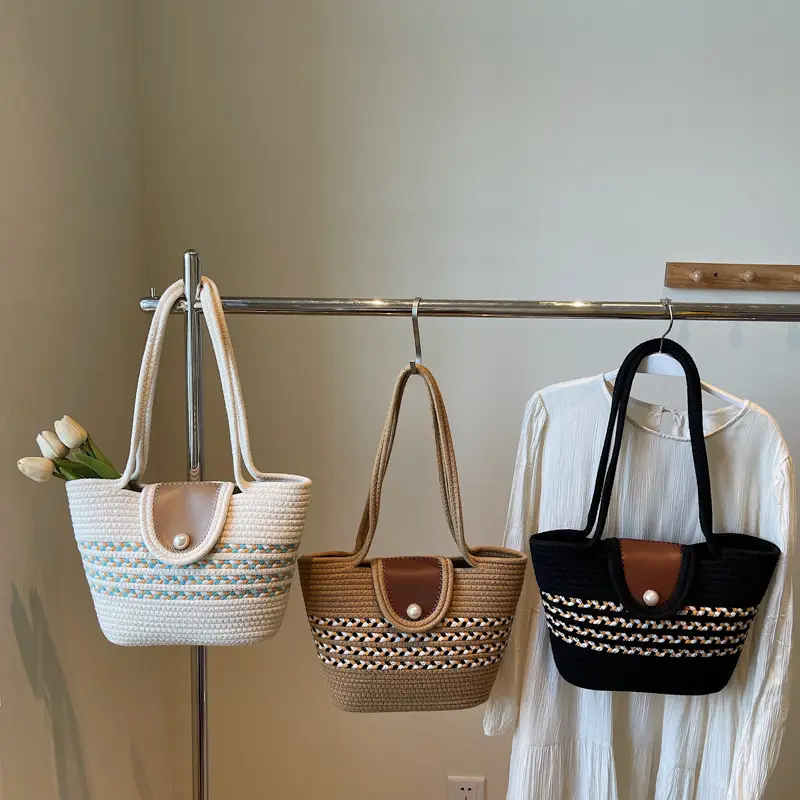 Women's Distinctive Braided Bucket Bag with Pearl Button - Image 7