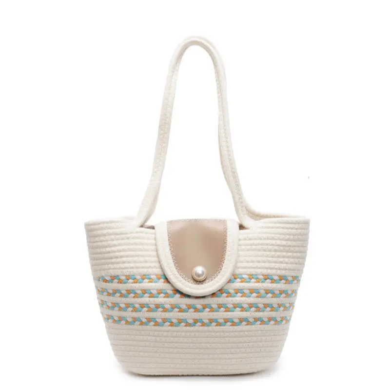 Women's Distinctive Braided Bucket Bag with Pearl Button - Image 2