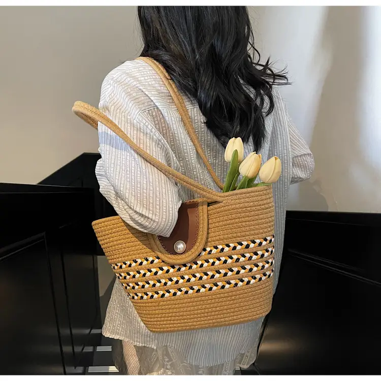 Women's Distinctive Braided Bucket Bag with Pearl Button — feature 10