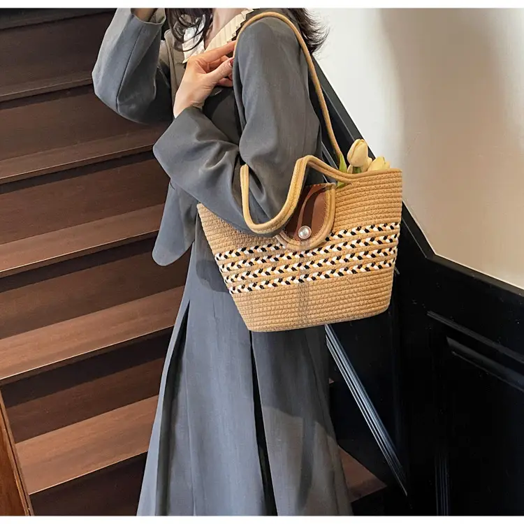Women's Distinctive Braided Bucket Bag with Pearl Button — feature 11