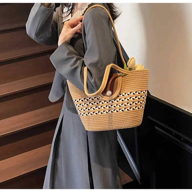 Women's Distinctive Braided Bucket Bag with Pearl Button — feature 12