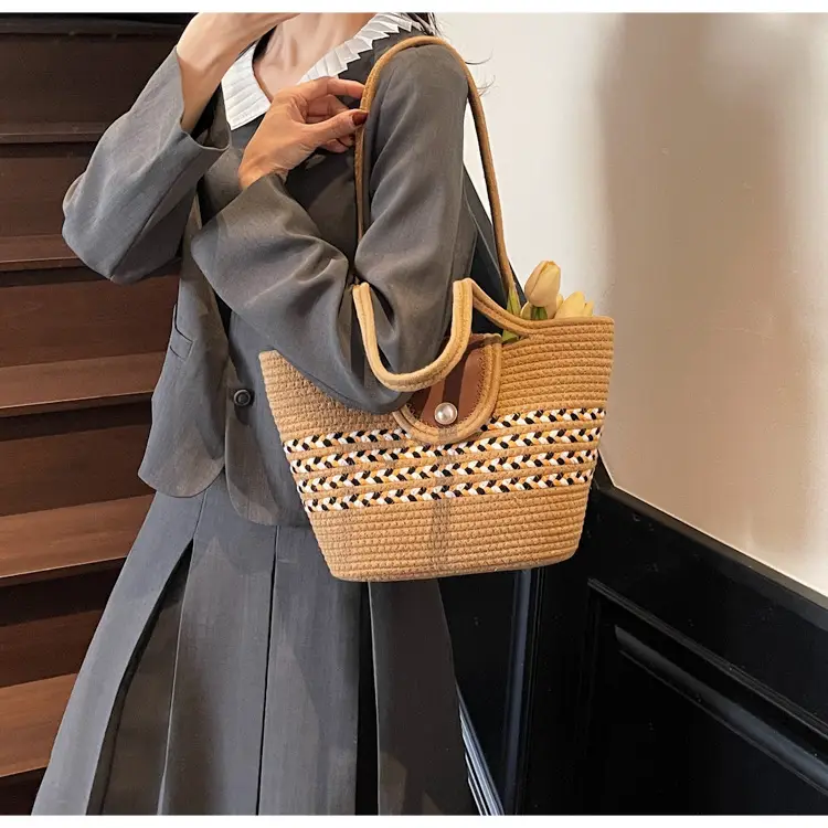 Women's Distinctive Braided Bucket Bag with Pearl Button — feature 13